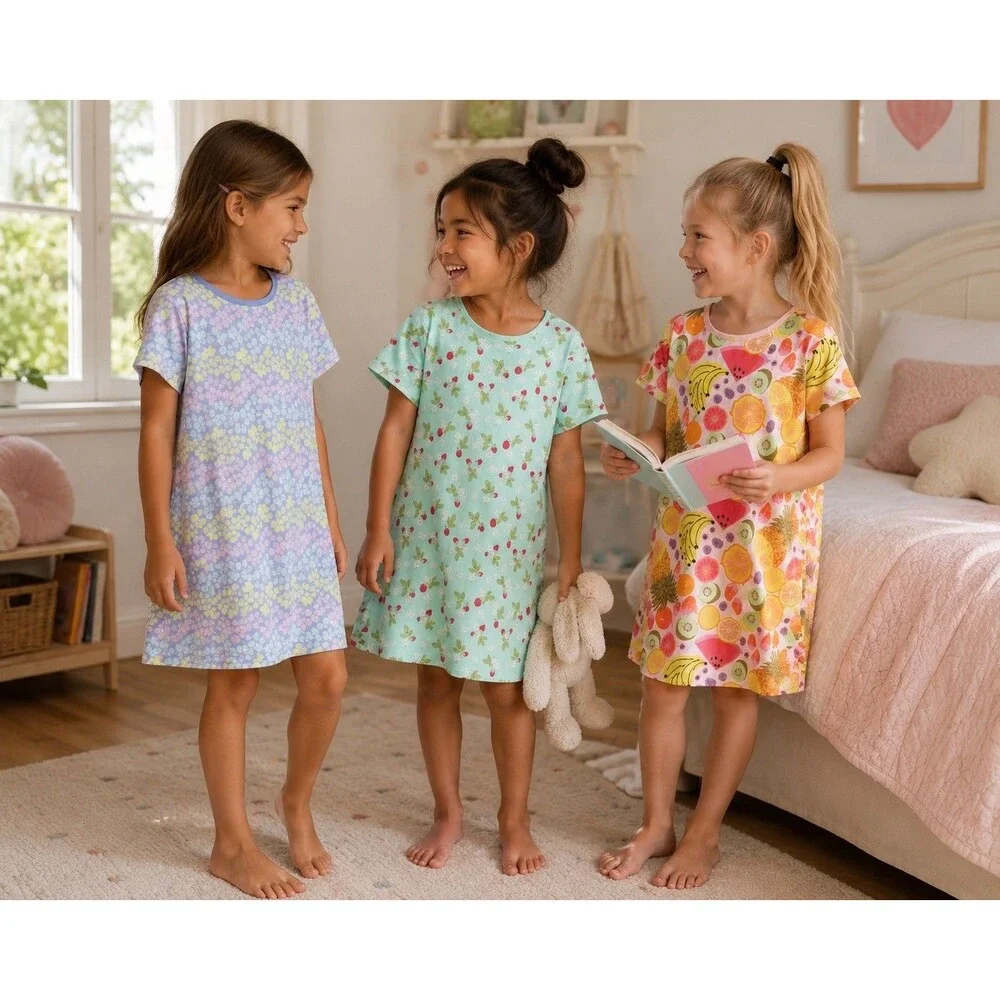 Girl Set Lot of 3 Cat & Jack Nightgown Pjs Pajamas Sleepshirt Flower Fruit S 6/7